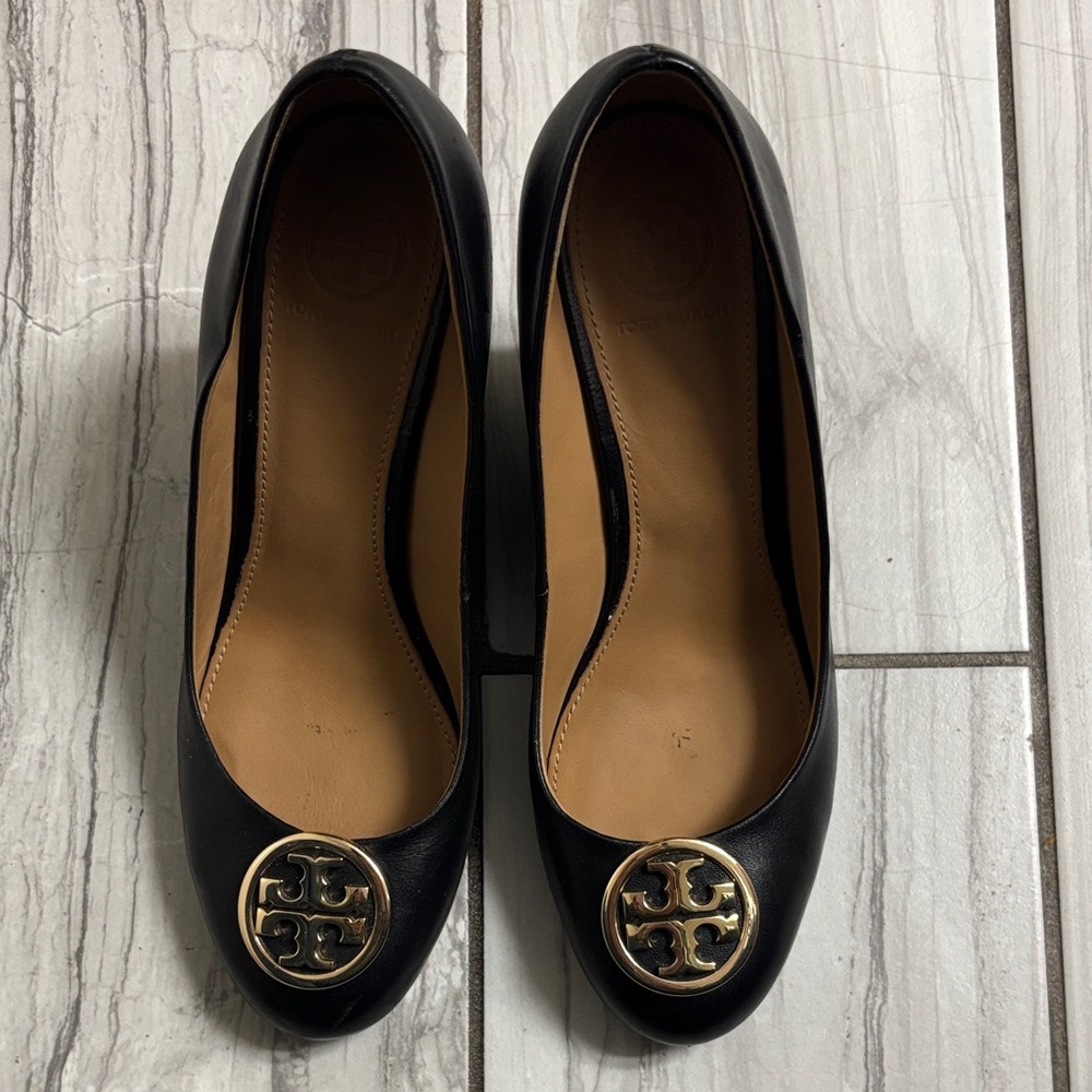 Tory Burch Black Wedge Heels with Gold Logo